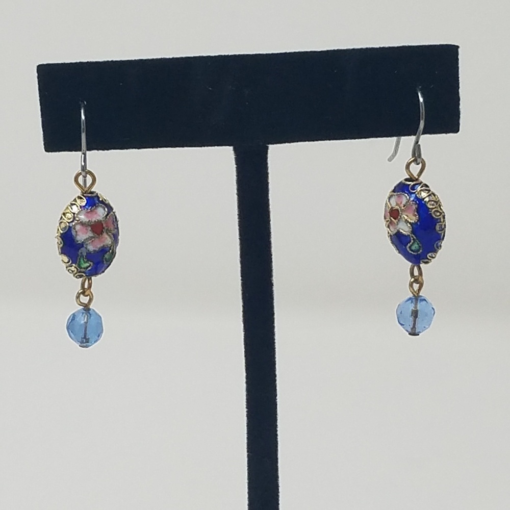 Vtg Cloisonne‎ floral dangle earrings blue pink jewelry cottagecore florentine